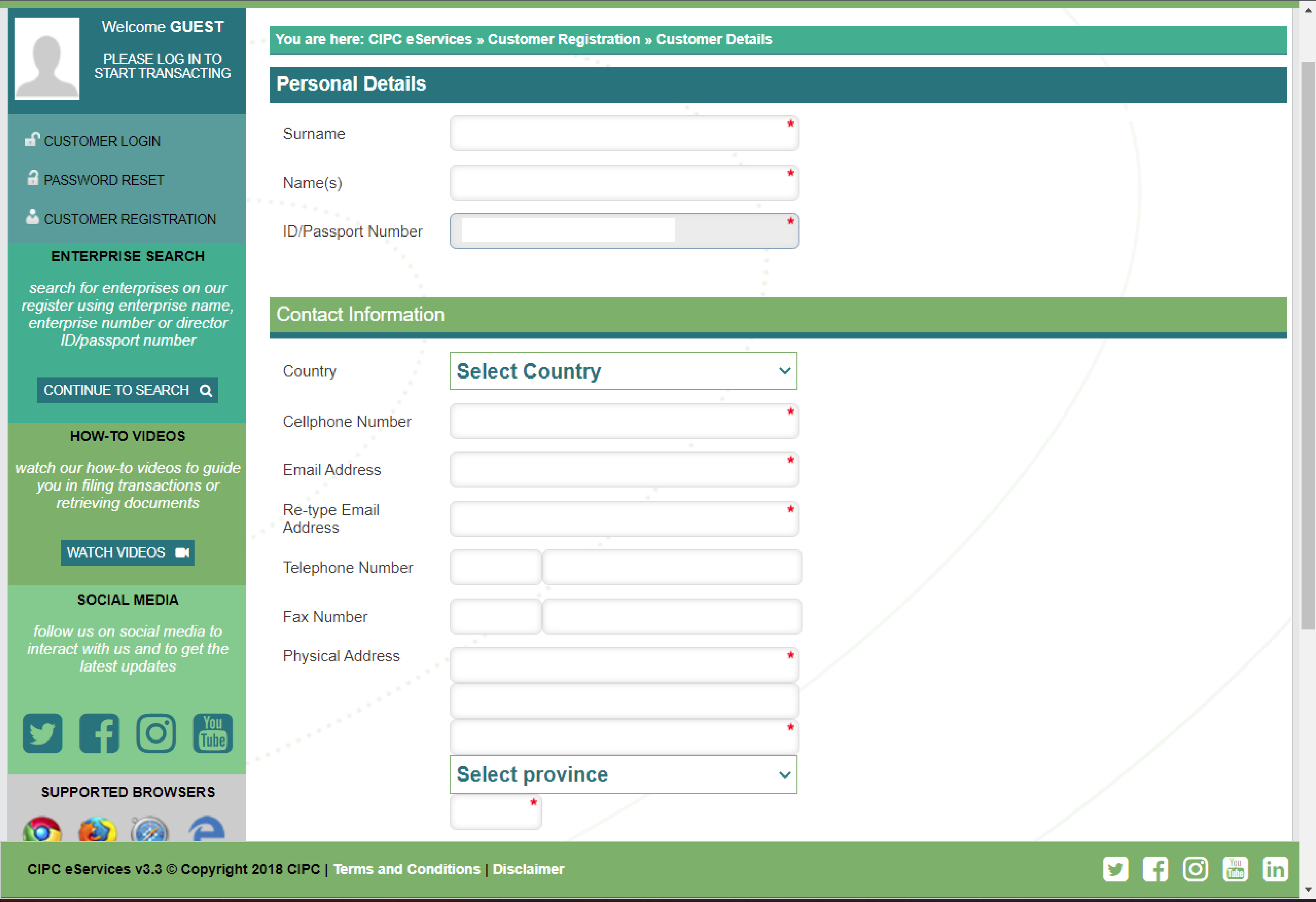 CIPC Personal details and Contact information page